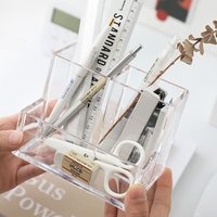 The Transparent Acrylic Three-compartment Pen Holder for Desk Renovation Student Storage Box Square Stationery Desktop Organizer