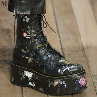 Black Thick Soled Flower Print Cross Tied Boots Flat With Women Shoes Back Zipper Round Toe 2024 Fashion Zapatos Para Mujere