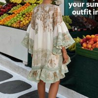 Summer Irregular O-neck Party Short Dress Elegant Lady High Waist Loose Dress Vacation Style Pattern Printed Flare Sleeve Dress
