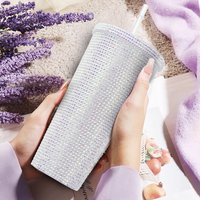 Sparkling rhinestone inlaid double-layer PS material with straw, durable and easy to clean coffee cup, essential for home, offic