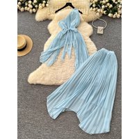 Summer Chiffon Pleated Two Piece Sets Women Beach Outfits Sexy Slanted Shoulders Irregular Folded Top High Waist Half Skirt Suit