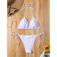2-Piece Women's Sexy Pure White BikiniSet ThinShoulderStrap Backless Swimsuit with Fine Straps Summer Simple Bandage Side Detail