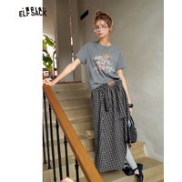 ELFSACK Women's Graphic T-Shirt with Plaid Midi Skirt, Casual 2 Piece Outfit for Everyday, Cozy Asymmetrical Hem Set