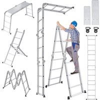 4x3/4x4/4x5 Step Aluminium Multi Purpose Folding Ladder, A-Frame M-Form Scaffold Ladder with 2 Working Platforms & Wheels, Anti Slip Multi Position Ladder for Home Garden Construction