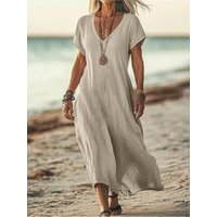 Loose Women's V-neck Solid Color Long Skirt 2026 Spring New Fashion Women's Comfortable Long A-line Skirt Casual Dress Female