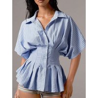 Summer 2026 Striped Shirt Women Turn-down Collar Slim Waist Pleated Buttons Blouse Female Top For Women Batwing Sleeve 63943