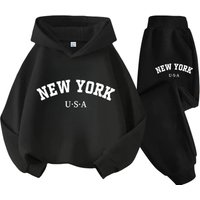 Children Hoodie Tracksuit Autumn Winter New York USA Letter Graphic Sweatshirt Pant Suit Baby Boy Girl Kid Sport Two Pieces Set