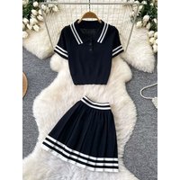 Casual Neck Knitted Set Women's Summer 2026 New Style High Waist Short Skirt Sporty Preppy Two-Piece Suit Stripe Pattern
