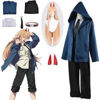 Anime Power Cosplay Chainsaw Man Costume Women Blue Casual Outfits Jacket Pants Suit Red Hairpin Blood Devil Halloween Party Set