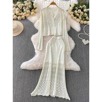 Bohemian Vacation Style Long Sleeve Knitted Sun Protection Open Cardigan High Waist Slim Fish Tail Dress Set Fashionable Ense...