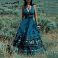 2026 Spring Summer Vacation Boho Maxi Dress Woman Ethnic Print Loose Hem Long Dress New Casual Sleeveless High Waist Party Dress