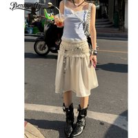 Benuynffy Solid Color Frill Trim A-Line Skirt Women 2026 Spring Summer New Chic Street All-Match Elastic Waist Midi Skirts