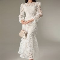 Sexy Lace Embroidery Gowns Fishtail Dress Elegant O-neck Long Sleeve Slim Long Dress Women Fashion Hollow Solid Cocktail Dresses