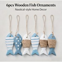 6-Piece Coastal Wooden Fish Wall Art – Rustic Nautical Decor with Rope Hangers, Blue & White Striped Fish for Beach, Lake