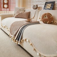 Solid Stripe Chenille Anti-Slip Sofa Cover with Pom Pom Edge for All Season Living Room 1/2/3/4 Furniture Decor Couch Seat Cover