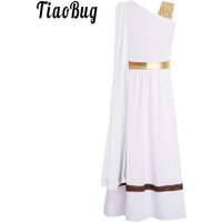 Kids Girls Ancient Greek Toga Goddesses Costume Sleeveless Gold Trims Robe for Halloween Cosplay Greece Roman Queen Dresses