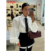 TTQV Fashion Loose White Skirt Set 2 Piece Woman 2026 Elegant Tie Long Sleeve Dress With High Waist Mini Skirt Set Female