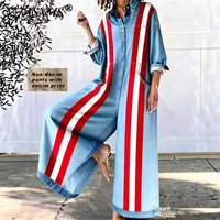 Retro Striped Print Imitation Denim Jumpsuit Woman 2026 Spring Button Lapel Shirt Playsuits Long Sleeve Wide Leg Romper Overalls