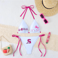 Hello Kitty Bikini Set for Women Cute Cartoon Triangle Bikini Tie Side Swimsuit Summer Beachwear