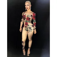 Diamond dress Crystals Rose Flower Jumpsuit Women Sexy Outfit Party Costume Stage Wear BodySuit Dance Singer RhinestoneS Rompers