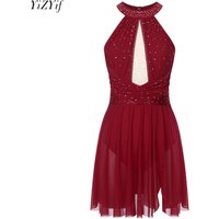 Womens Modern Lyrical Dance Dress Sleeveless Rhinestone Ballet Gymnastics Leotard Dress Ruched Mesh Skating Performance Costume
