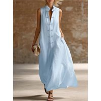 Summer New Fashion Stand Collar Frog Button Loose Long Dresses Women's Casual Sleeveless Pocket Big Hem Party Dress Vestidos
