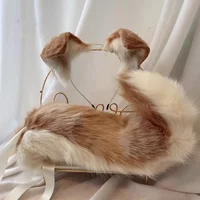 Handmade Customized Simulation Light Brown Beast Border Collie Ears Tail Hairhoop Headwear for Christmas Halloween Cosplay Hand