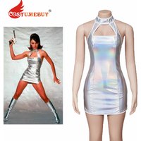 Austin Powers Elizabeth Hurley Cosplay Costume Sexy Female Vanessa Kensington Silver Strappy Halter Slim Mini Dress forHalloween