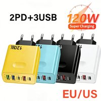 120W Fast Charging USB C Charger 5 in 1 Multi Ports Adapter EU/US/UK Plug 2PD + 3QC3.0 Wall Charger for iPhone 16 Samsung Xiaomi