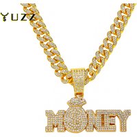New Iced Out Bling Rhinestone Letters Money Pendant Necklaces,With Cuban Chain Money Bag Dollar Sign Men's Women Hip Hop Jewelry