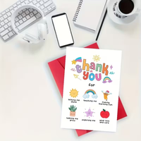 Teacher appreciation card gift, rainbow, sun and educational symbol design, premium greeting card gift