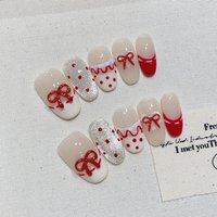 10pcs Short Oval Handmade Press On Nails Kit, White & Red Blue Fake Nails, Sweet Wearable Nail Art, Bow, Rilla Skirt
