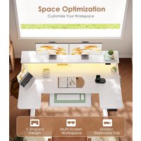 OffiGo 140cm U-Frame Motorized Height Adjustable Desk, Sit-to-Stand White Gaming Workstation with Monitor Riser, Built-in Power Outlets & RGB LED Strip for Home Office image 3
