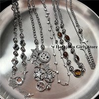 Trendy Punk Retro Button Star Pendant Silver Color Choker Necklace For Women Men Charm Y2K Scene EMO Grunge Accessories Jewelry