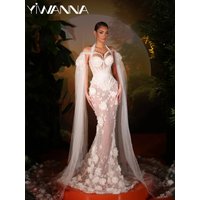 New 3D Floral Pearls Wedding Dress Charming Off Shoulder Illusion Bridal Gown Customized Floor-length Mermaid Dresses For Bride