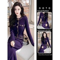 Elegant Purple Knitted Set Women's Fashion Autumn Winter New Style Two-Piece Suite Casual Comfortable Polyester Fabric