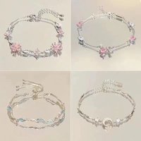 Cute Charm Pink Crystal Flower Bowknot Moon Bracelet for Women Exquisite Fashion Silver Color Zircon Bangle Jewelry Friend Gift