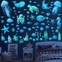 Glow in The Dark Under The Sea Wall Decals Sea Life Animals Wall Stickers Removable Waterproof Peel and Stick for Bathroom Decor