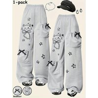 Kids Girls 1 Pack Cat Star Print Bow Decor Wide Leg Pants Soft Comfy Casual Streetwear Sweatpants