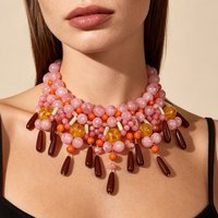 Colorful Dopamine Layered Beaded Necklace Bold Bohemian Tassel Pendant Pink Orange Chunky Statement Jewelry for Vacation Party