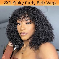 2X1 Lace Closure Curly Bob Wigs With Bangs Brazilian Hair Machine Made Kinky Curly Wig With Realistic Scalp On Top 10-16 Inch