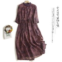 Retro Floral Cotton Linen Short Sleeve Dress Casual Collar Long Skirt for Women Summer Commute Style Loose Waist Print
