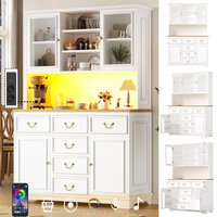 PINGGO Tall kitchen cabinet with USB ports and sockets, sideboard with LED light strip, kitchen cabinet, storage cabinet