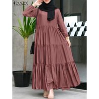 ZANZEA Muslim Fashion Tiered Long Dresses Women Islamic Hijab Style Casual Long Sleeve O Neck Maxi Vestidos Solid Abaya Robes