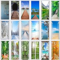 3D Forest Stream Waterfall Door Sticker Nature Green Tree Path Scenery Removable Self Adhesive Wallpaper Home Decor