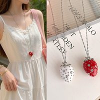 Strawberry Crystal Pendant Necklace Cute Sweet Design Sweater Chain for Women Dress Accessory Premium Handmade Delicate Jewelry