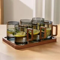 6pcs High borosilicate glass cups, high temperature resistant drinking blisters cups, Chinese retro anti-scalding wooden handle