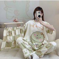 Women's Short Sleeved Long Shorts Sleepwear Home Wear Three Piece Set Summer Cute Cartoon Loose Comfortable Sleepwear Set
