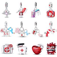 100% 925 Sterling Silver Red Heart Shaped Nurse Medicine Box Stethoscope Charms Beads Fit Qikaola Original Bracelets DIY Jewelry