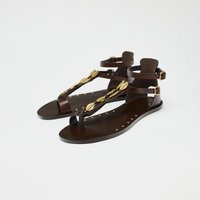2026 Flats Sandals Women Summer New Retro Sexy Word Button Roman Sandal Female Brown Leather Open Toe Gladiator Sandalias Mujer